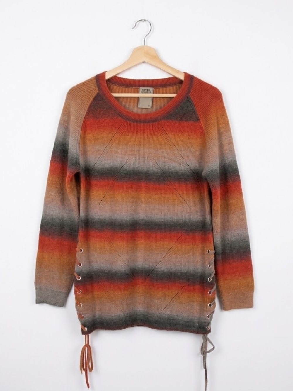 OMBRE Lace-Up Side Sweater XL Multi Rust Shades Boho Knit Fall Colorblock